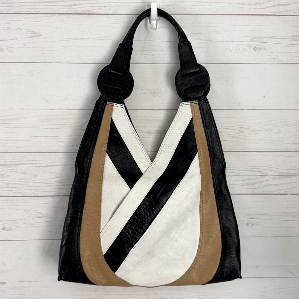 T Tahari Joplin Hobo bag Patchwork Style Handbag Black Tan & White